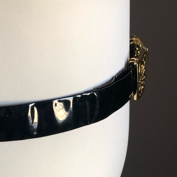 Vintage 80’’s/90’s Talbots Patent Leather Black Shiny Gold Clasp Buckle Belt - Picture 4 of 8